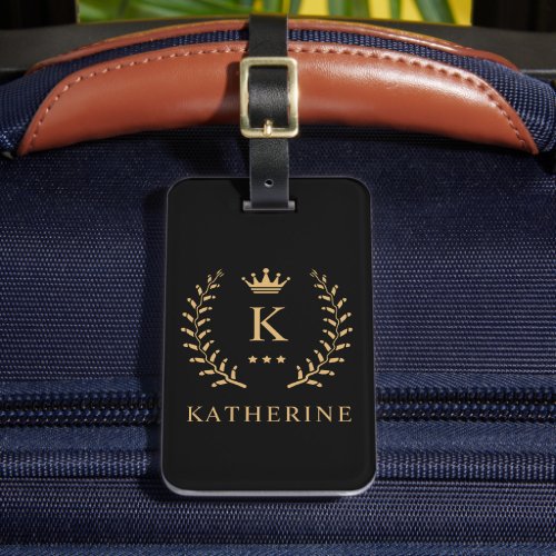 Customize Name  Initial Black White Gold Monogram Luggage Tag