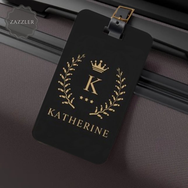 Customize Name & Initial Black White Gold Monogram Luggage Tag (Customize Name & Initial Black White Gold Monogram Luggage Tag)