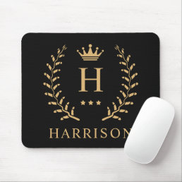 Customize Name &amp; Initial Black White Gold Monogram Mouse Pad