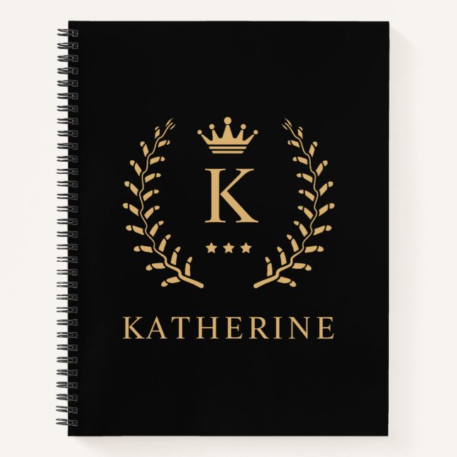Customize Name & Initial Black White Gold Monogram Notebook (Front)