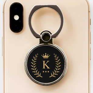 Customize Name & Initial Black White Gold Monogram Phone Ring Stand