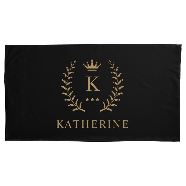 Customize Name & Initial Black White Gold Monogram Pillow Case (Front)