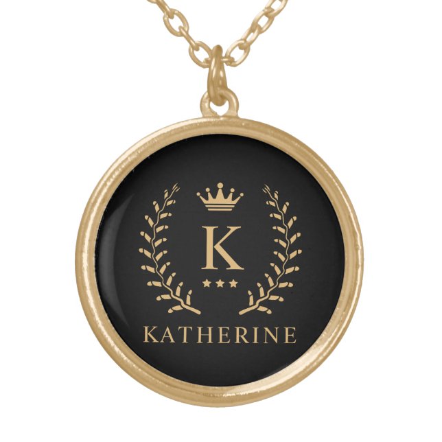 Customize Name & Initial Black White Gold Monogram Plated Necklace (Front)