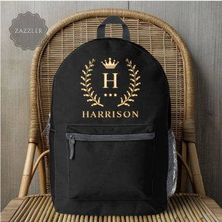 Customize Name & Initial Black White Gold Monogram Printed Backpack