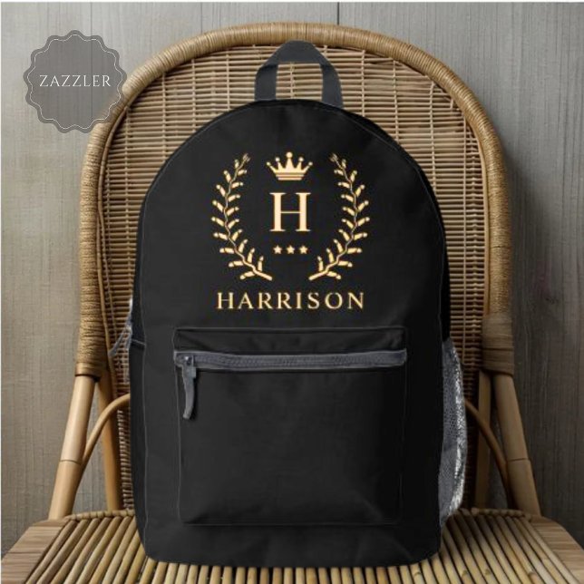 Customize Name & Initial Black White Gold Monogram Printed Backpack (Customize Name & Initial Black White Gold Monogram Printed Backpack)