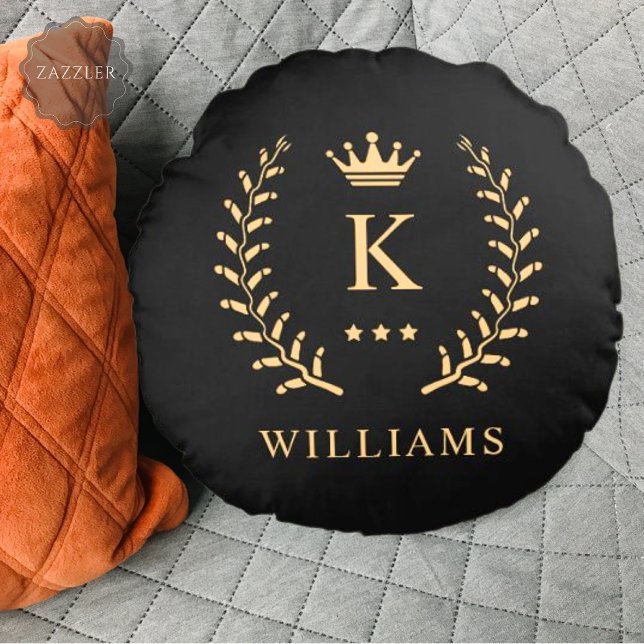 Customize Name & Initial Black White Gold Monogram Round Pillow (Customize Name & Initial Black White Gold Monogram Round Pillow)