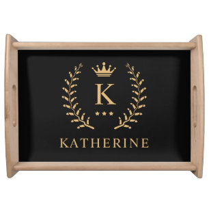Customize Name & Initial Black White Gold Monogram Serving Tray
