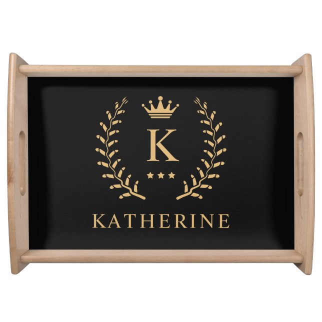 Customize Name & Initial Black White Gold Monogram Serving Tray (Front)