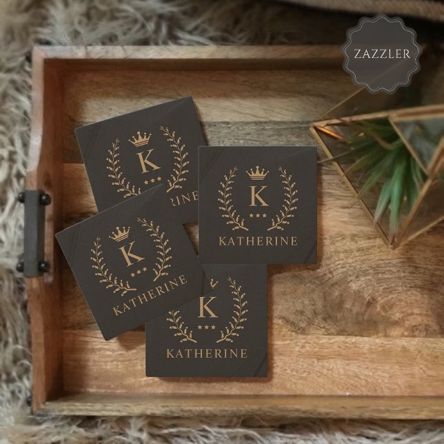 Customize Name & Initial Black White Gold Monogram Stone Coaster (Customize Name & Initial Black White Gold Monogram Stone Coaster)