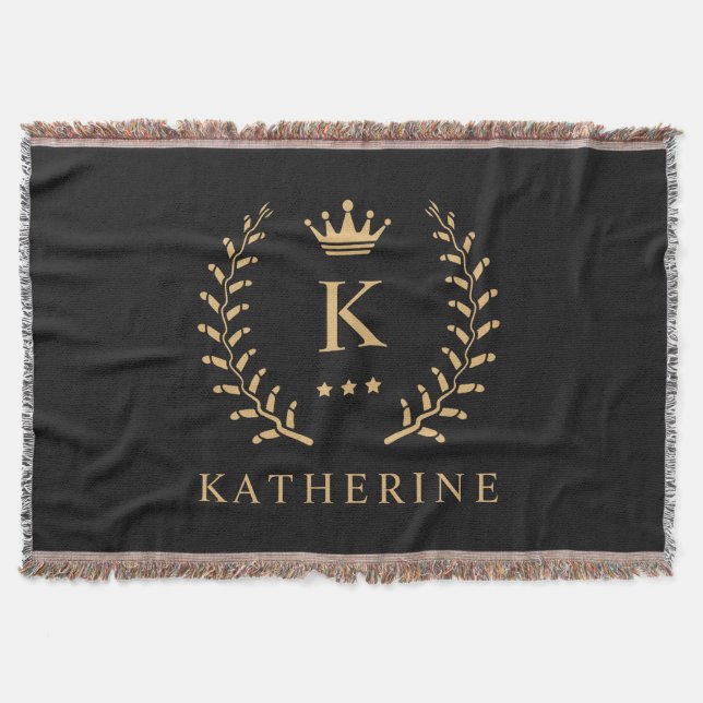 Customize Name & Initial Black White Gold Monogram Throw Blanket (Front)