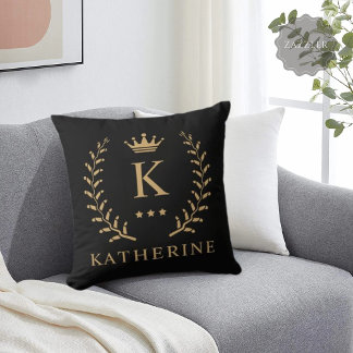 Customize Name & Initial Black White Gold Monogram Throw Pillow