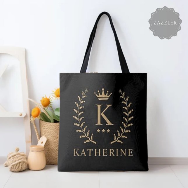 Customize Name & Initial Black White Gold Monogram Tote Bag (Customize Name & Initial Black White Gold Monogram Tote Bag)
