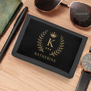Customize Name & Initial Black White Gold Monogram Tri-fold Wallet