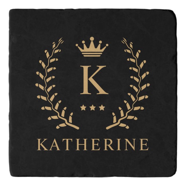 Customize Name & Initial Black White Gold Monogram Trivet (Front)