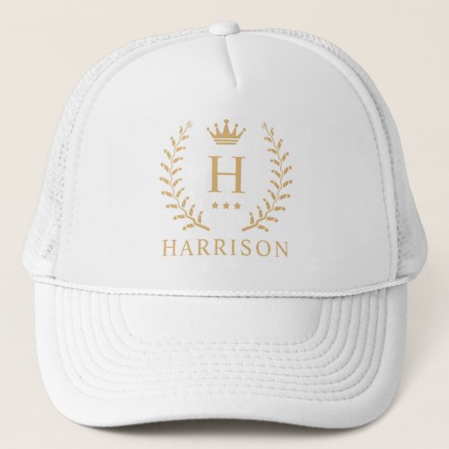 Customize Name  Initial Black White Gold Monogram Trucker Hat