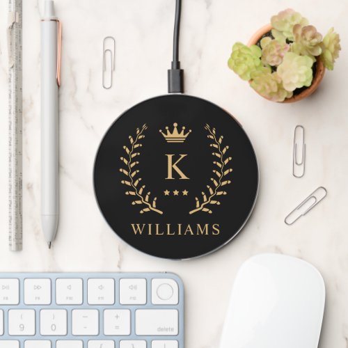 Customize Name  Initial Black White Gold Monogram Wireless Charger