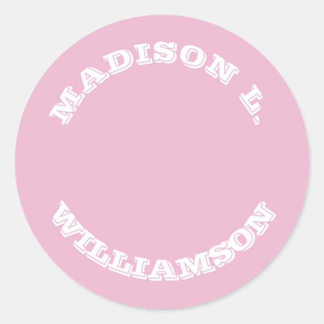 Customize Name last name curved letters Pink white Classic Round Sticker (Front)