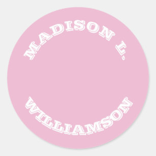 Customize Name last name curved letters Pink white Classic Round Sticker