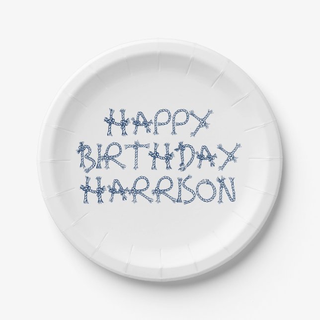 Customize name nautical rope knots Birthday  Paper Plates (Front)