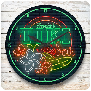 Customize NAME Neon Style Tropical Tiki Beach Bar Large Clock