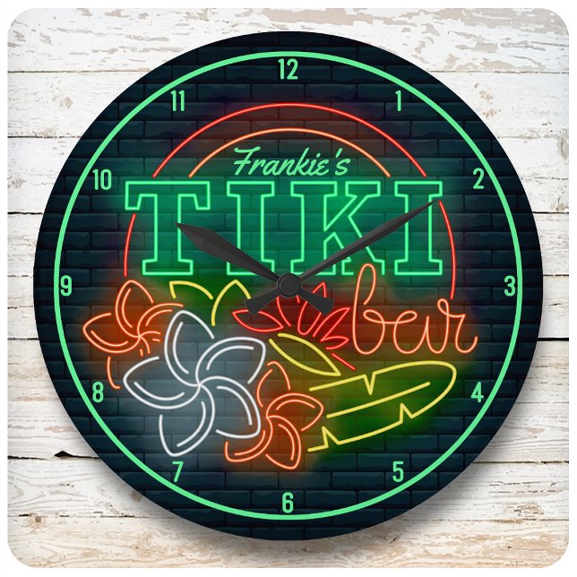 Customize NAME Neon Style Tropical Tiki Beach Bar Large Clock (Creator Uploaded)