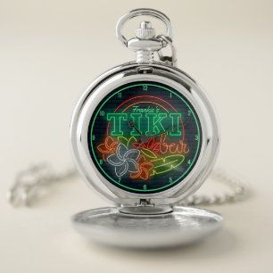 Customize NAME Neon Style Tropical Tiki Beach Bar  Pocket Watch