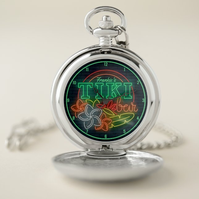 Customize NAME Neon Style Tropical Tiki Beach Bar  Pocket Watch (Inside)