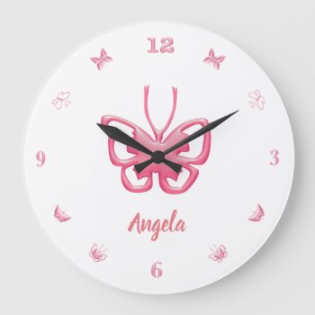 Customize Name Pink Butterflies Girls Large Clock by Scotts_Barn at Zazzle