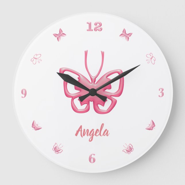 Customize Name Pink Butterflies Girls Large Clock (Front)