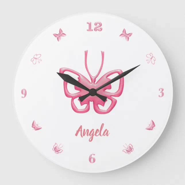 Customize Name Pink Butterflies Girls Large Clock | Zazzle