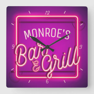 Customize NAME Pink Faux Neon Sign Retro Bar Grill Square Wall Clock