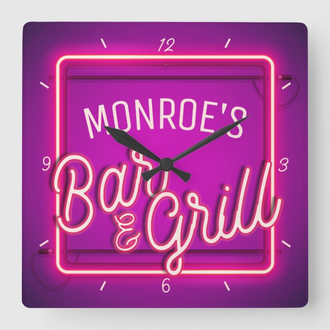 Customize NAME Pink Faux Neon Sign Retro Bar Grill Square Wall Clock (Front)