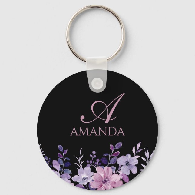 Customize Name Purple Flower Black Keychain (Front)