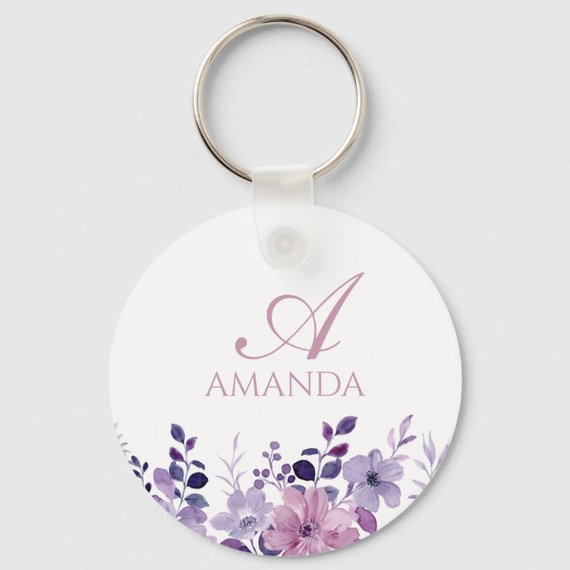 Customize Name Purple Flower White Keychain (Front)