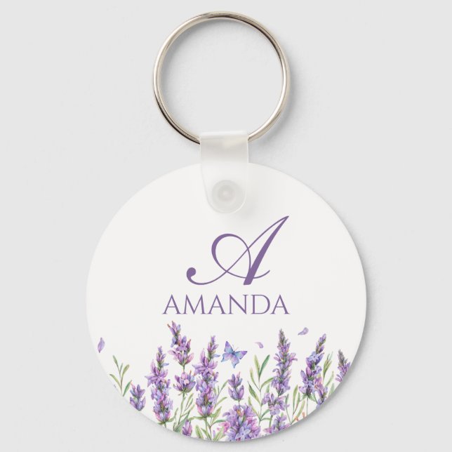 Customize Name Purple Lavender Flower Keychain (Front)