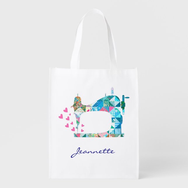 Customize Name Quilting Sewing Machine Grocery Bag (Front)
