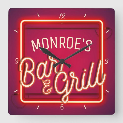 Customize NAME Red Faux Neon Sign Retro Bar Grill Square Wall Clock