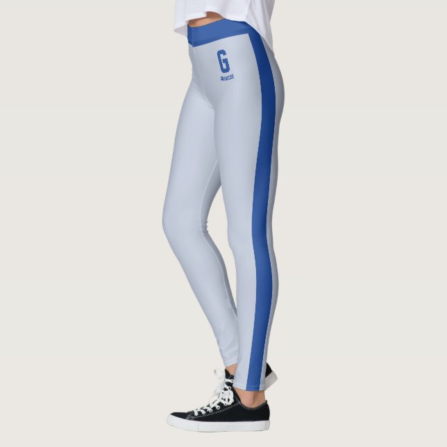 Customize Name Royal Powder Blue  Stripes Monogram Leggings (Left)
