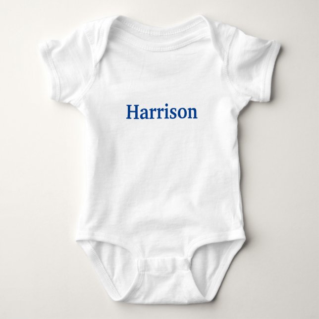 Customize name, text blue letters grey baby bodysuit (Front)