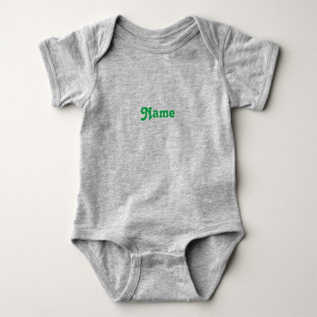 Customize name, text green letters grey baby bodysuit (Front)