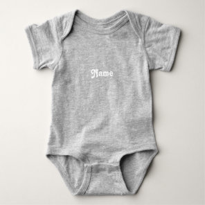 Customize name, text white letters grey baby bodysuit