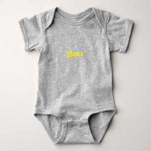 Customize name, text yellow letters grey baby bodysuit