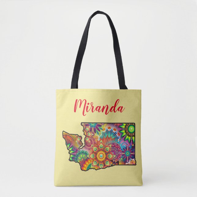 Customize Name Washington State Outline Mandala Tote Bag (Front)