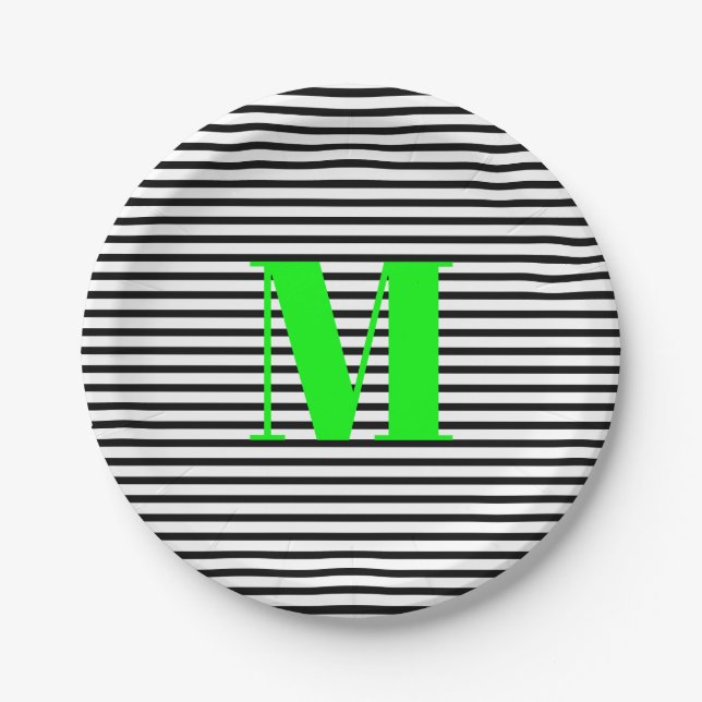 Customize neon green monogram black white stripes paper plates (Front)