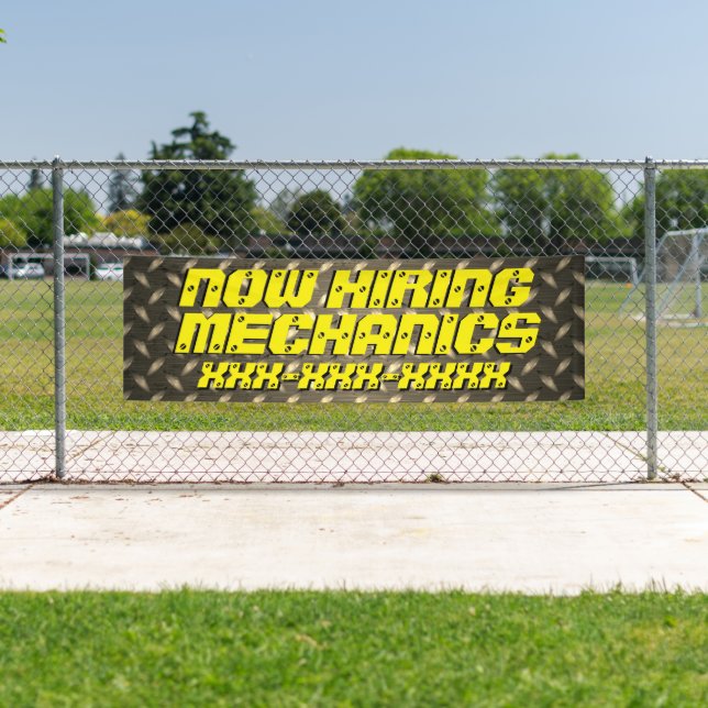 Customize Now Hiring Mechanics On Diamond Plate Banner (Insitu)