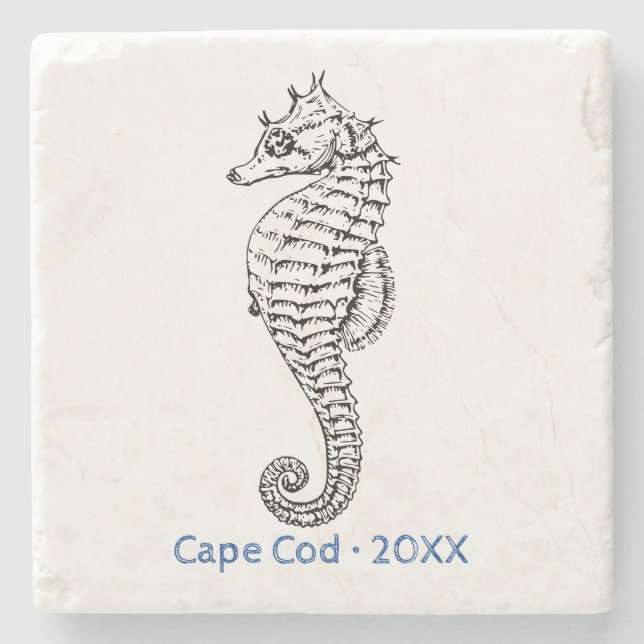 Customize Ocean Seahorse Line Art Stone Coaster (Front)
