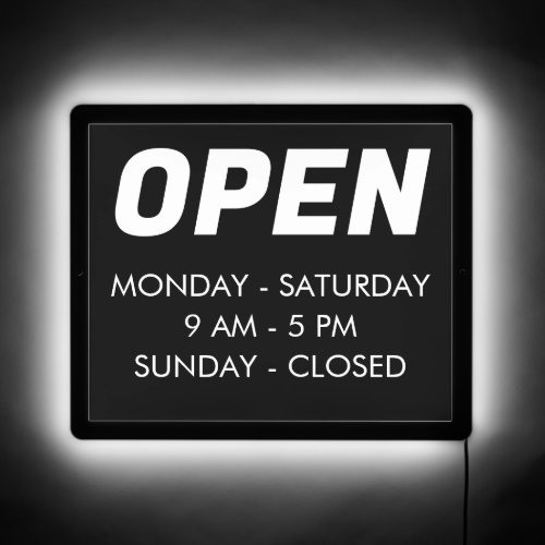 Customize Opening Hours  Neon White and Black LED Sign