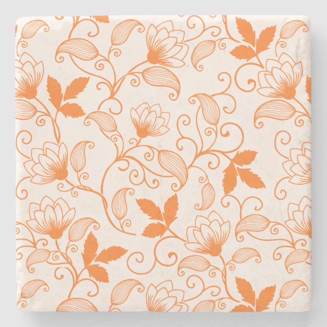 Customize Orange Floral Pattern Stone Coaster (Front)