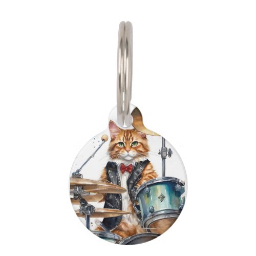 Customize Orange Tabby Cat Rock Star Drums Red Tie Pet ID Tag