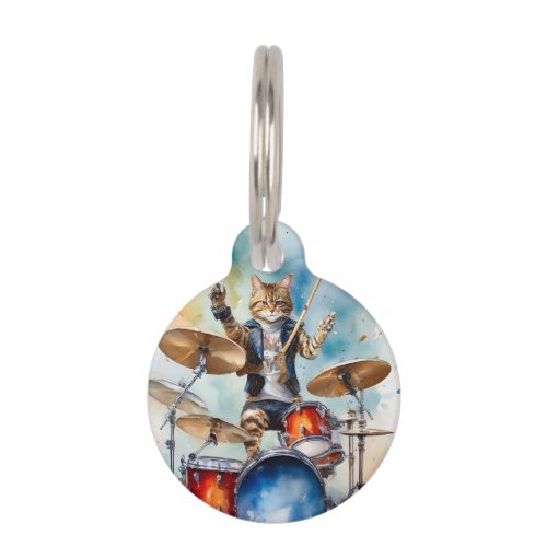 Customize Orange Tabby Cat Rock Star Playing Drums Pet ID Tag